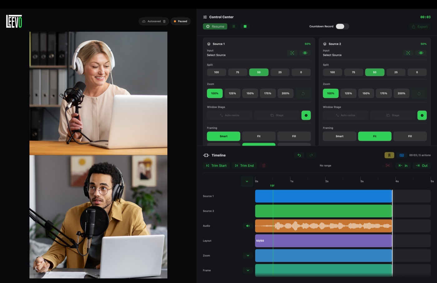 Leevo layout example for a vertical interview or podcast.