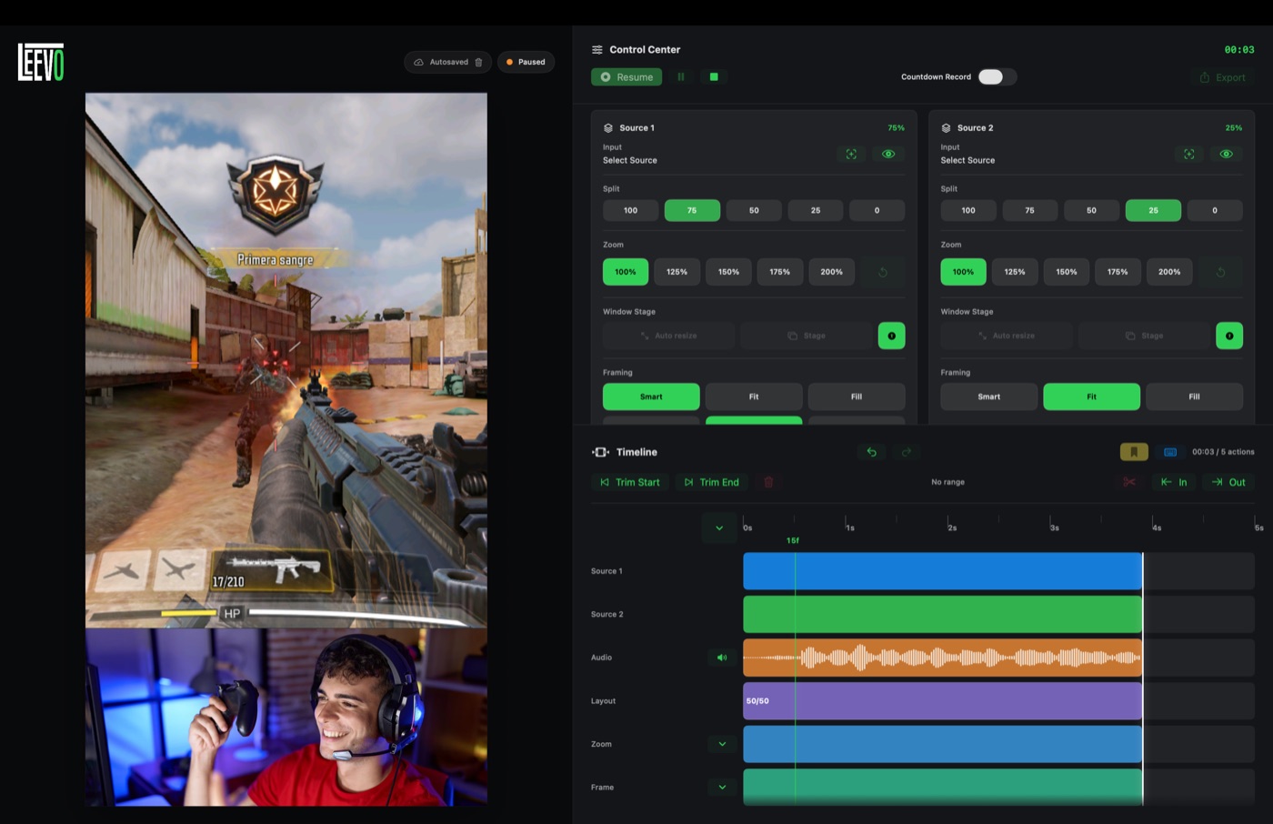Leevo layout example for a vertical reaction video.