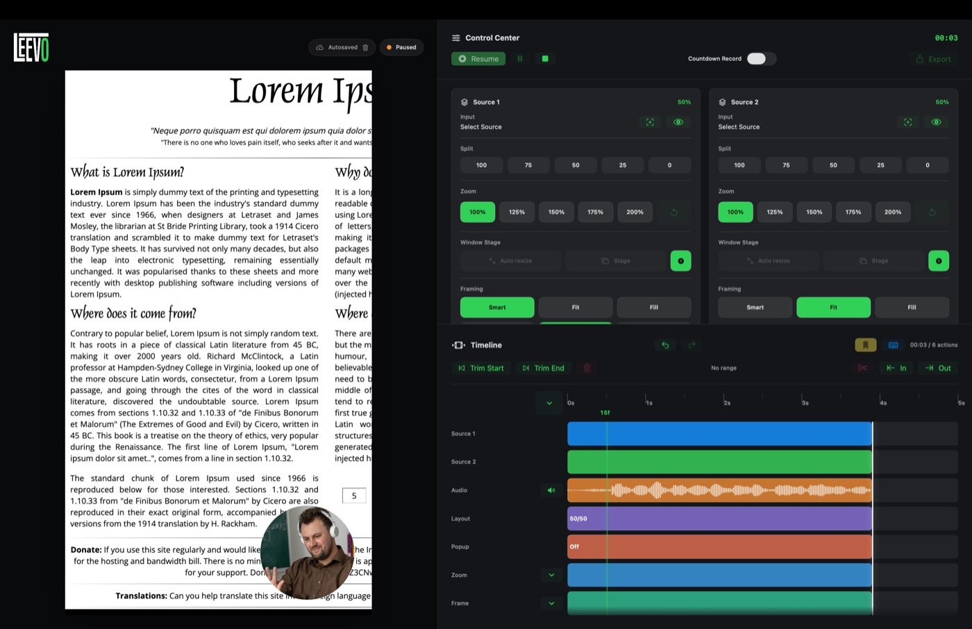 Leevo layout example for a vertical screen recording.